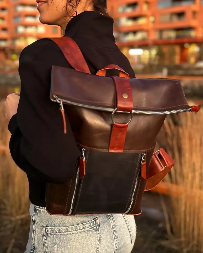 Backpack Roll Top M dark brown & cognac vintage
