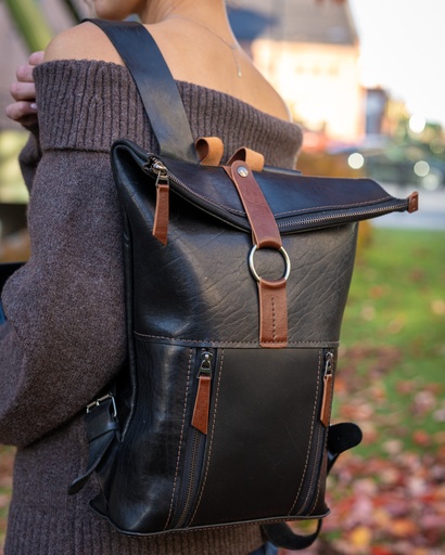 Backpack Roll Top M black & cognac vintage
