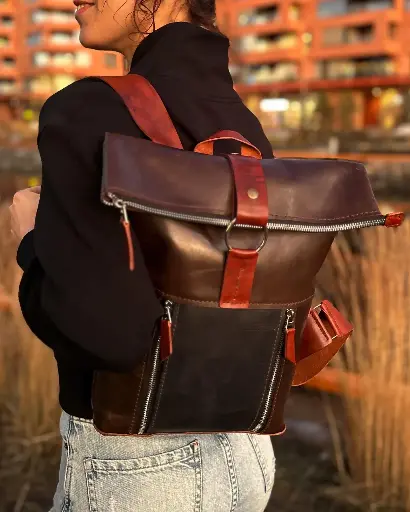 Backpack Roll Top M dark brown & cognac vintage